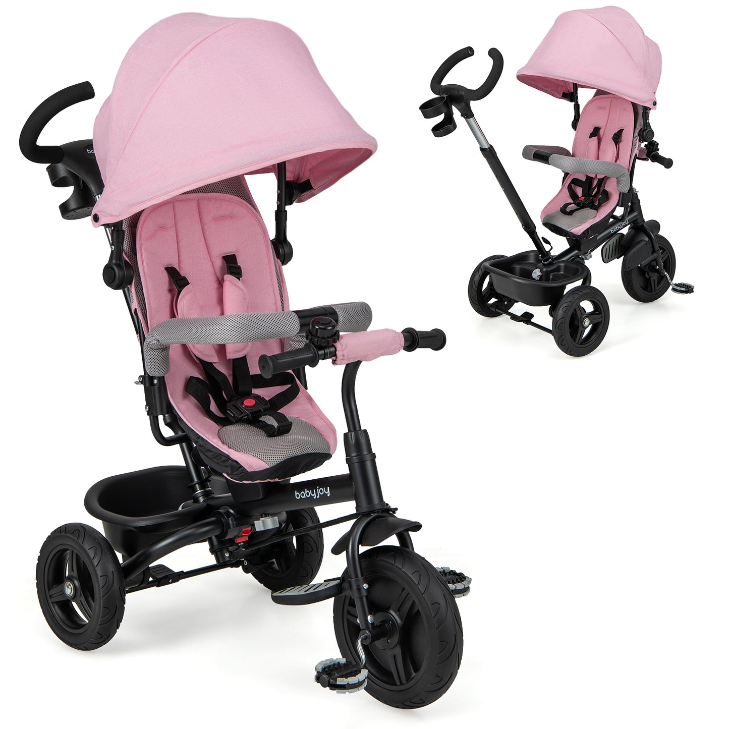 4-in-1 Baby Tricycle Toddler Trike with Reversible Seat and 5-Point Safety Harness-Pink - Pink