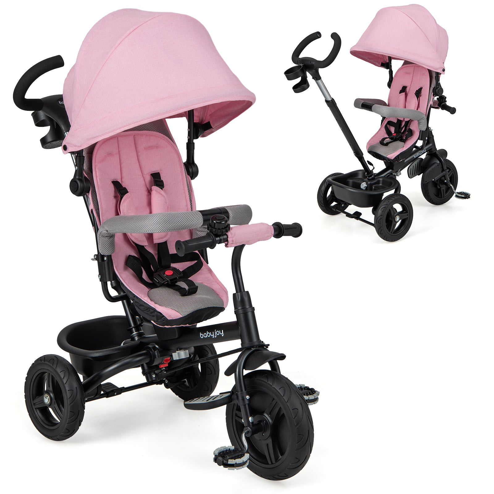 4-in-1 Baby Tricycle Toddler Trike with Reversible Seat and 5-Point Safety Harness-Pink - Pink
