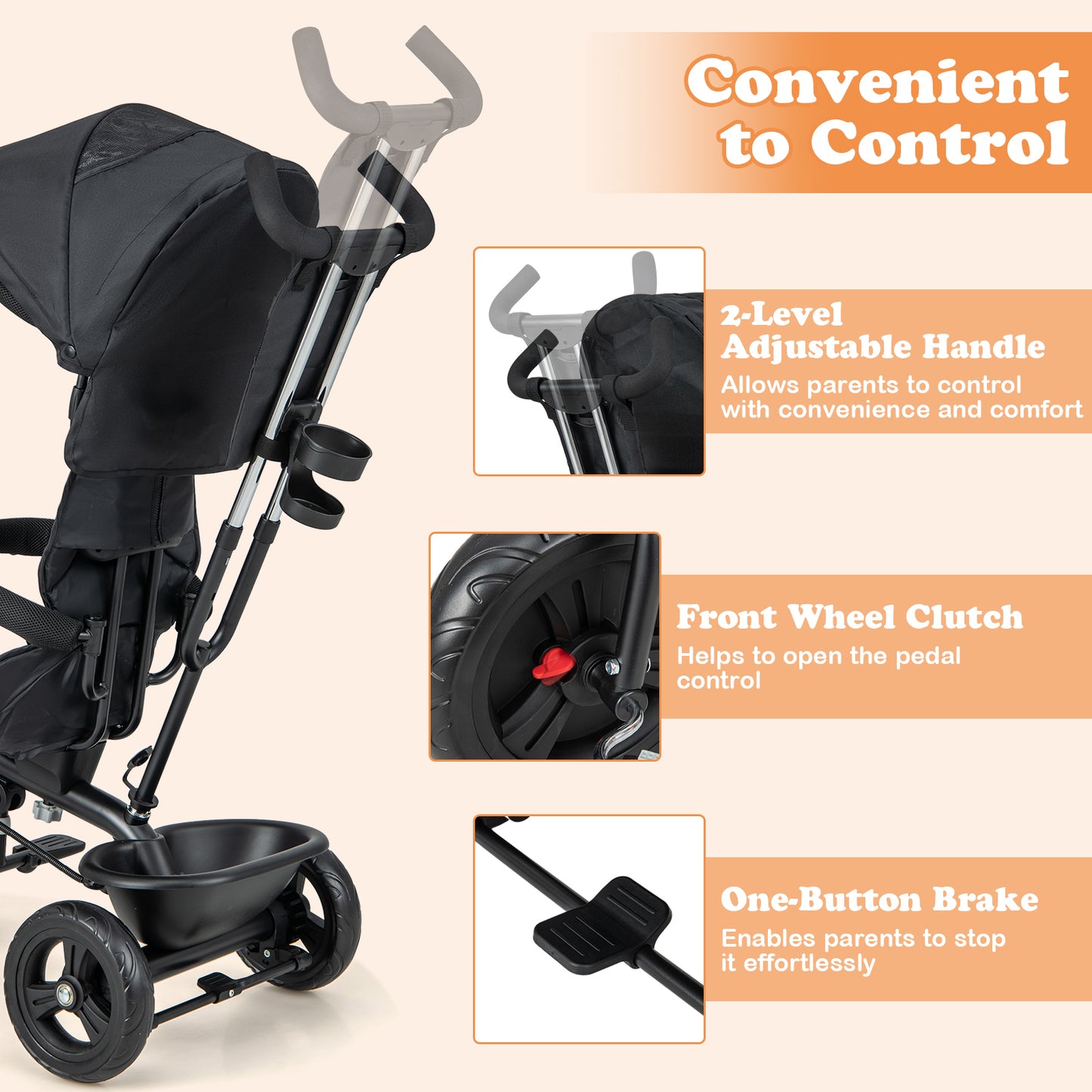 4-in-1 Baby Trike Kids Tricycle with Removable Canopy and Adjustable Push Handle
