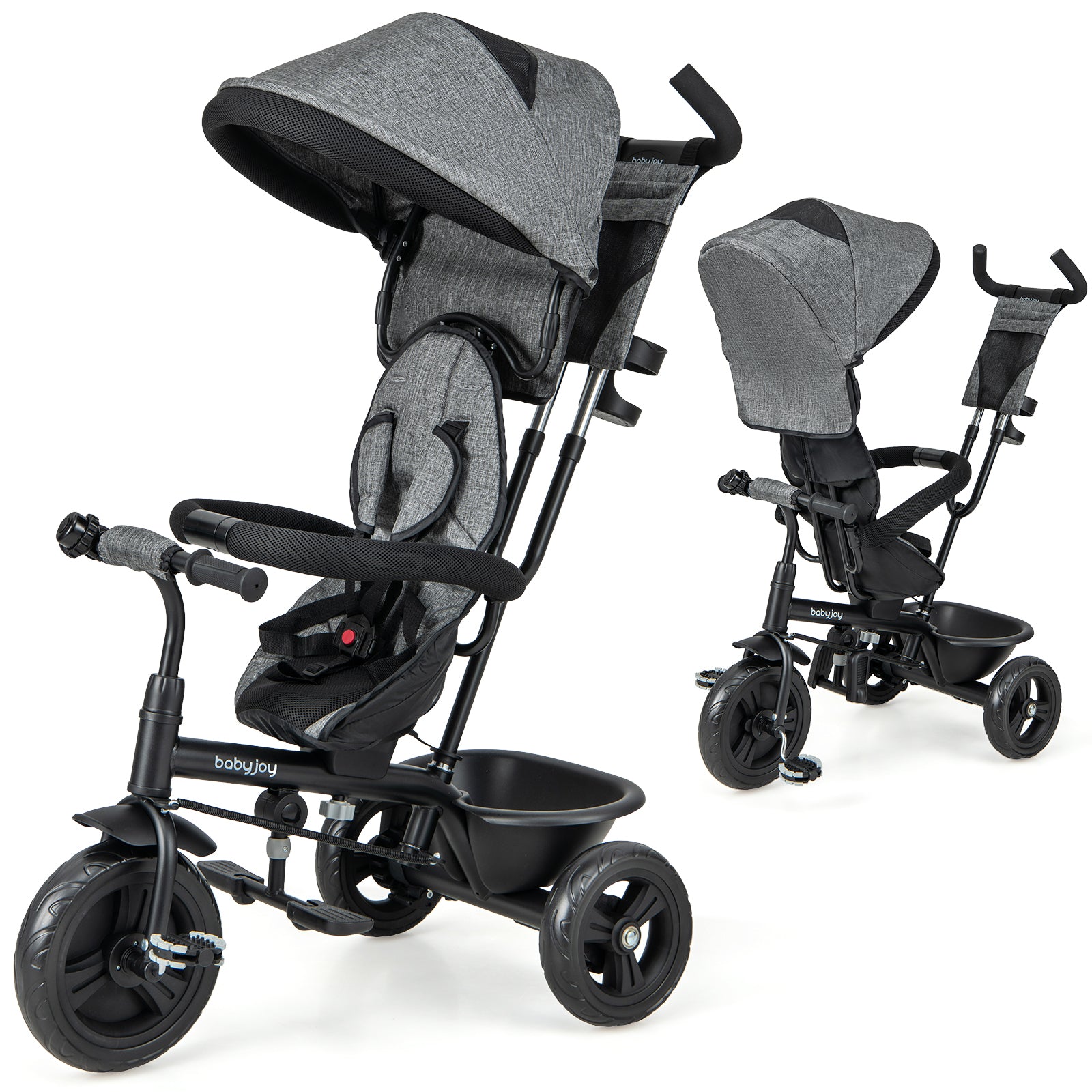 4-in-1 Baby Trike Kids Tricycle with Removable Canopy and Adjustable Push Handle-Gray - Gray