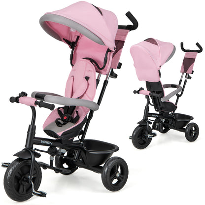 4-in-1 Baby Trike Kids Tricycle with Removable Canopy and Adjustable Push Handle-Gray - Pink