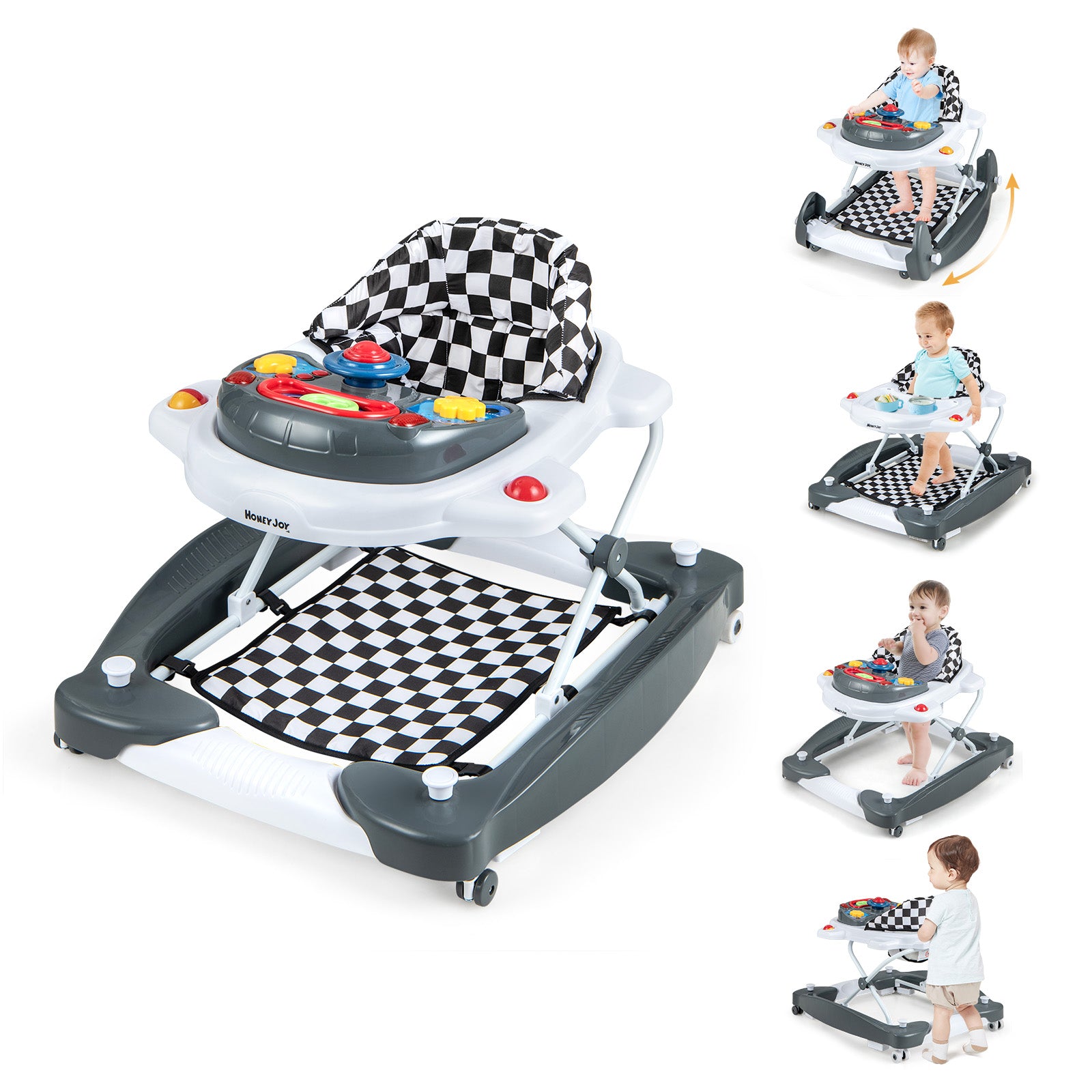 6 in 1 Foldable Baby Walker with Adjustable Height-Gray - Gray