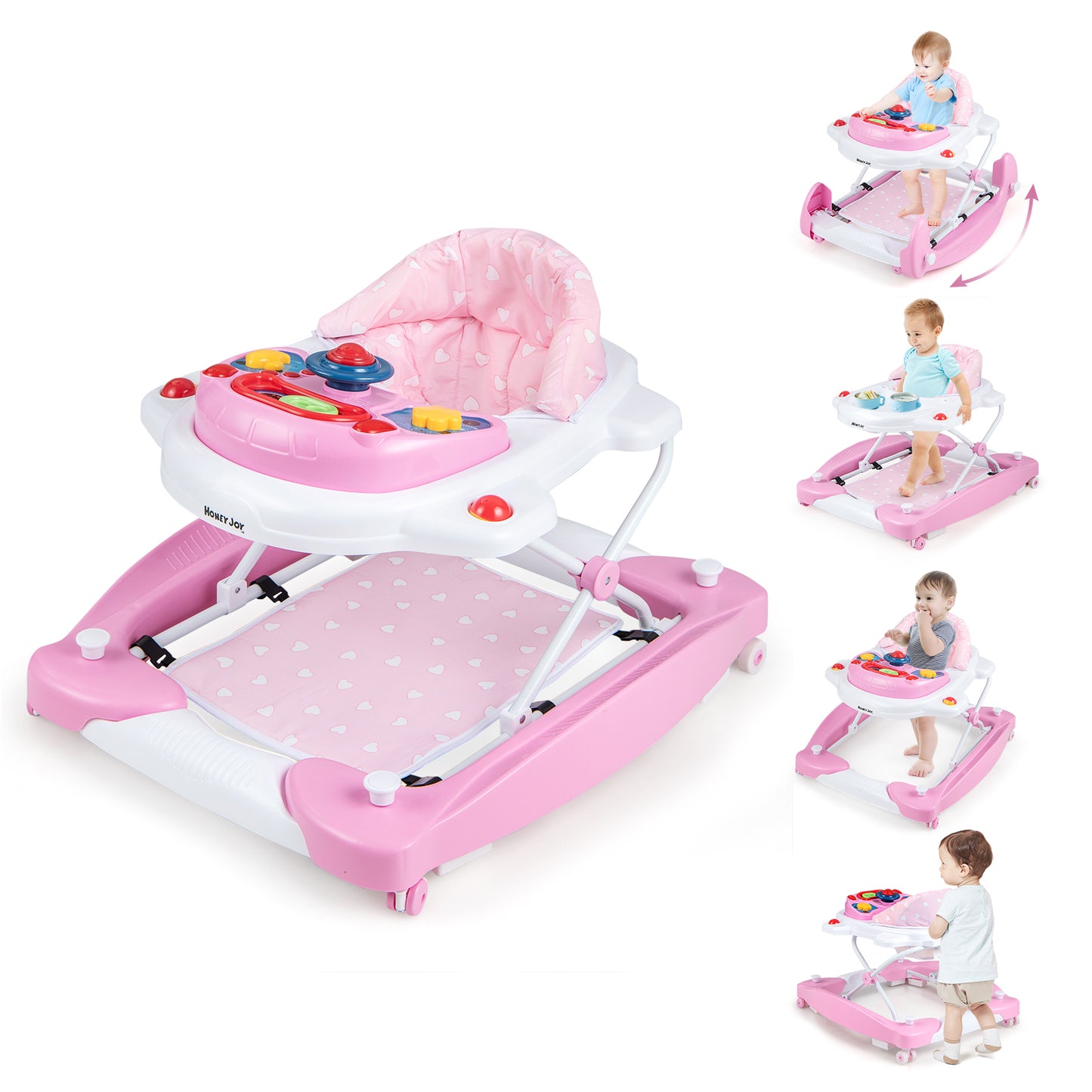 6 in 1 Foldable Baby Walker with Adjustable Height-Gray - Pink