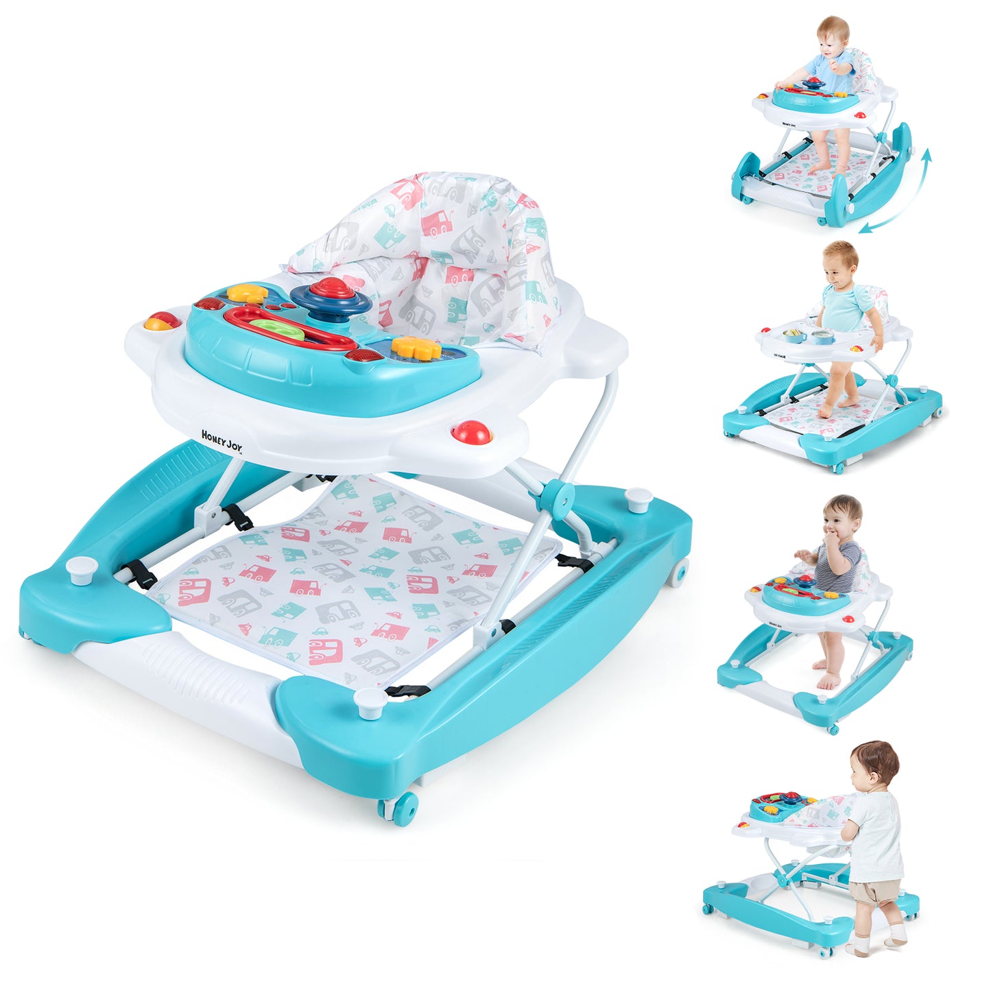 6 in 1 Foldable Baby Walker with Adjustable Height-Gray - Green