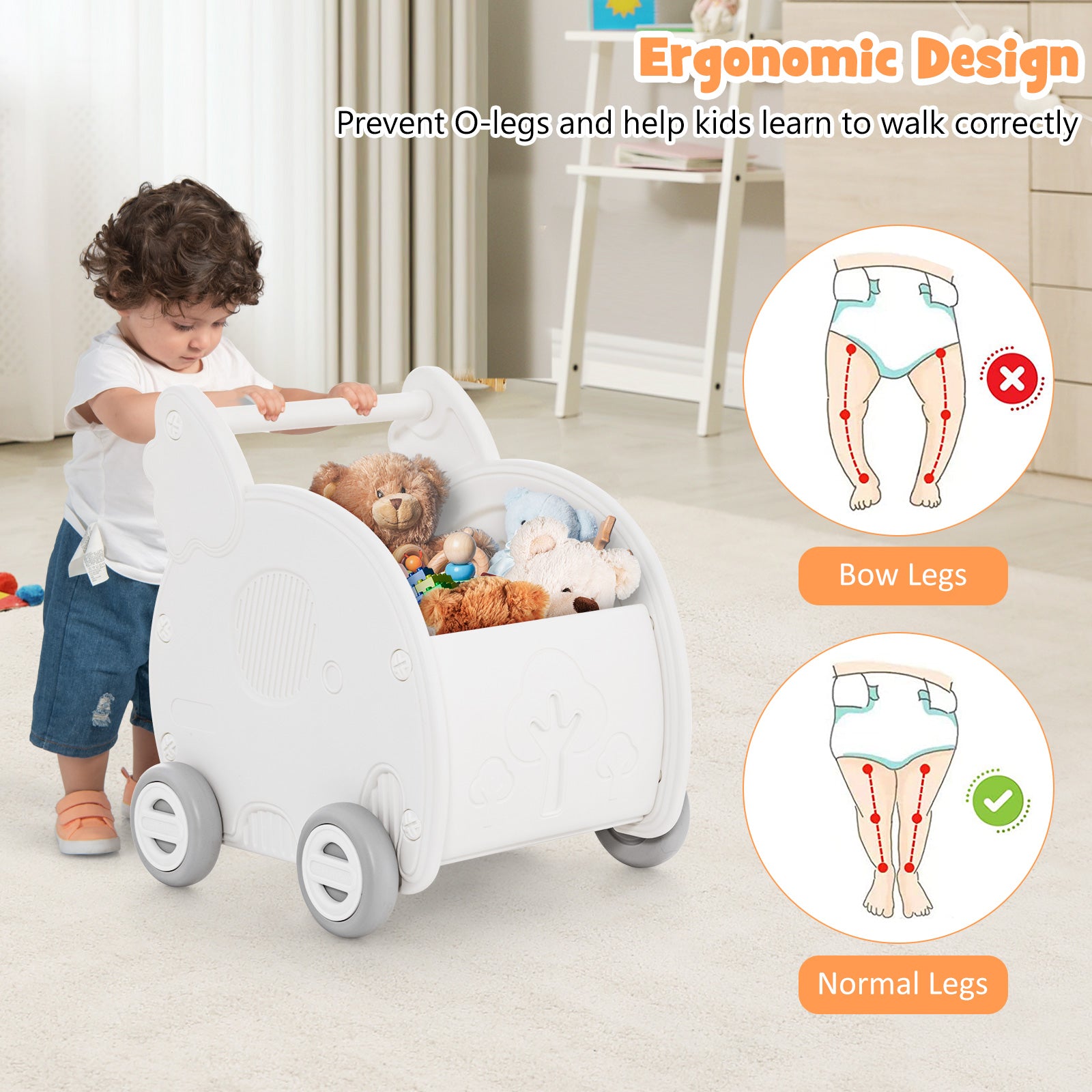 Baby Walker Push Toy with Handle for Boys Girls of 3+ Years Old-White