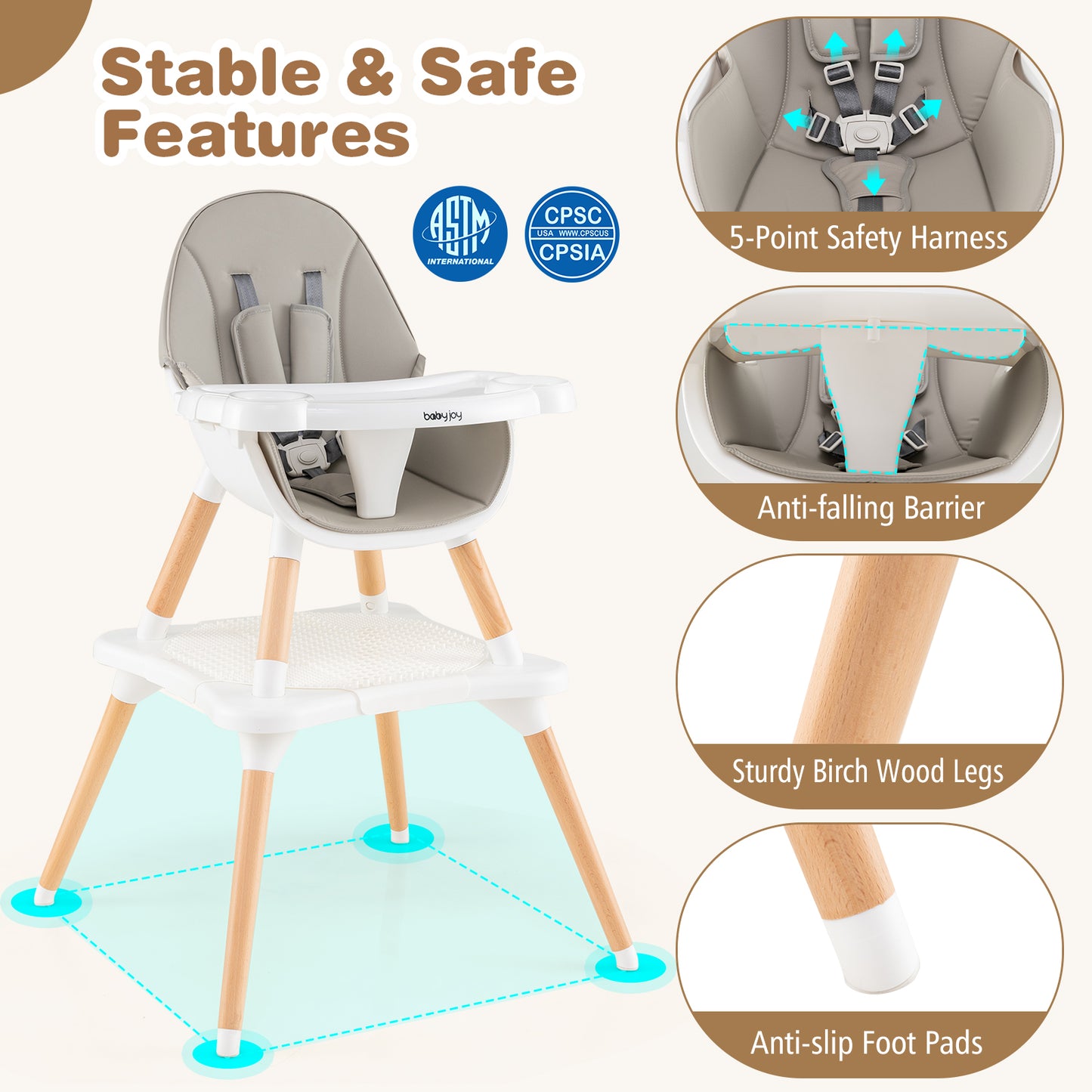 5-in-1 Baby Wooden Convertible High Chair -Gray