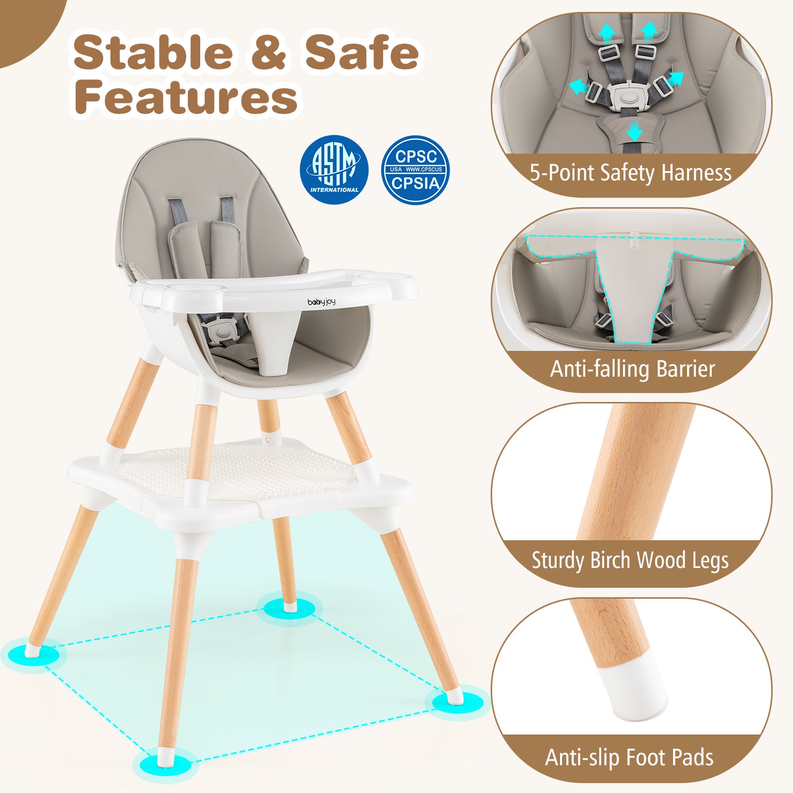 5-in-1 Baby Wooden Convertible High Chair -Gray