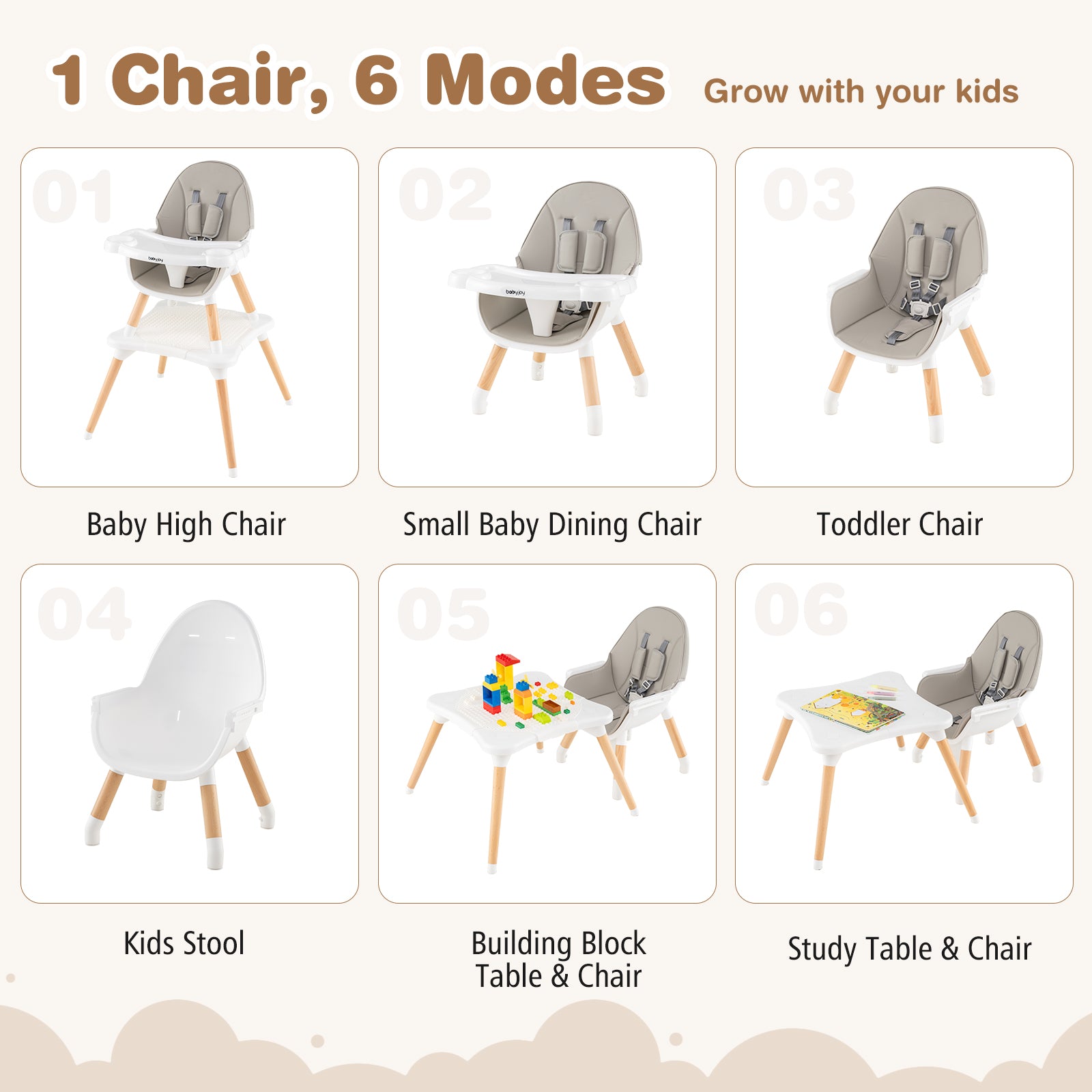 5-in-1 Baby Wooden Convertible High Chair -Gray
