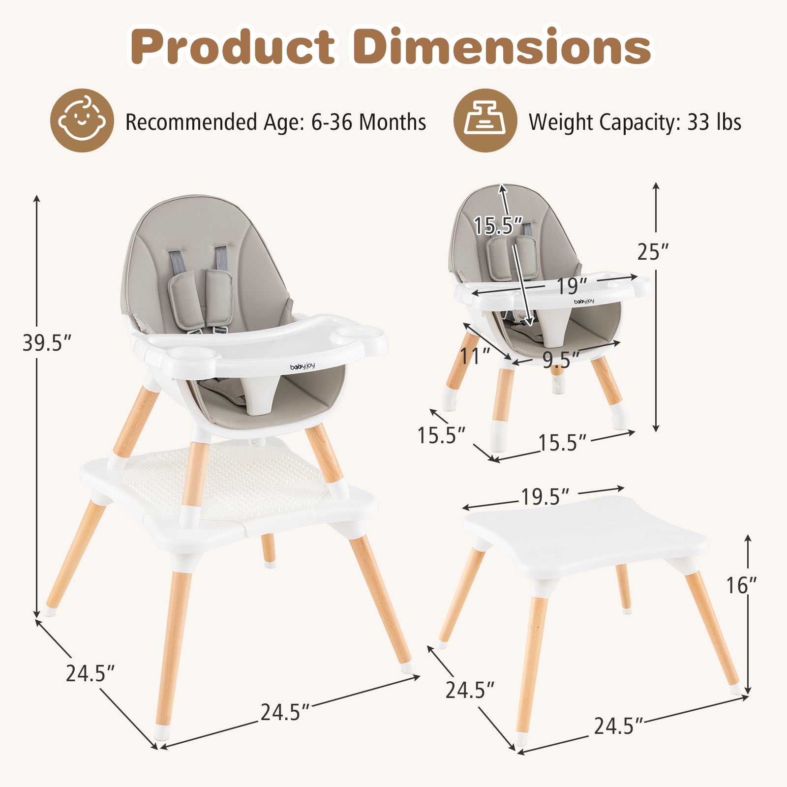 5-in-1 Baby Wooden Convertible High Chair -Gray