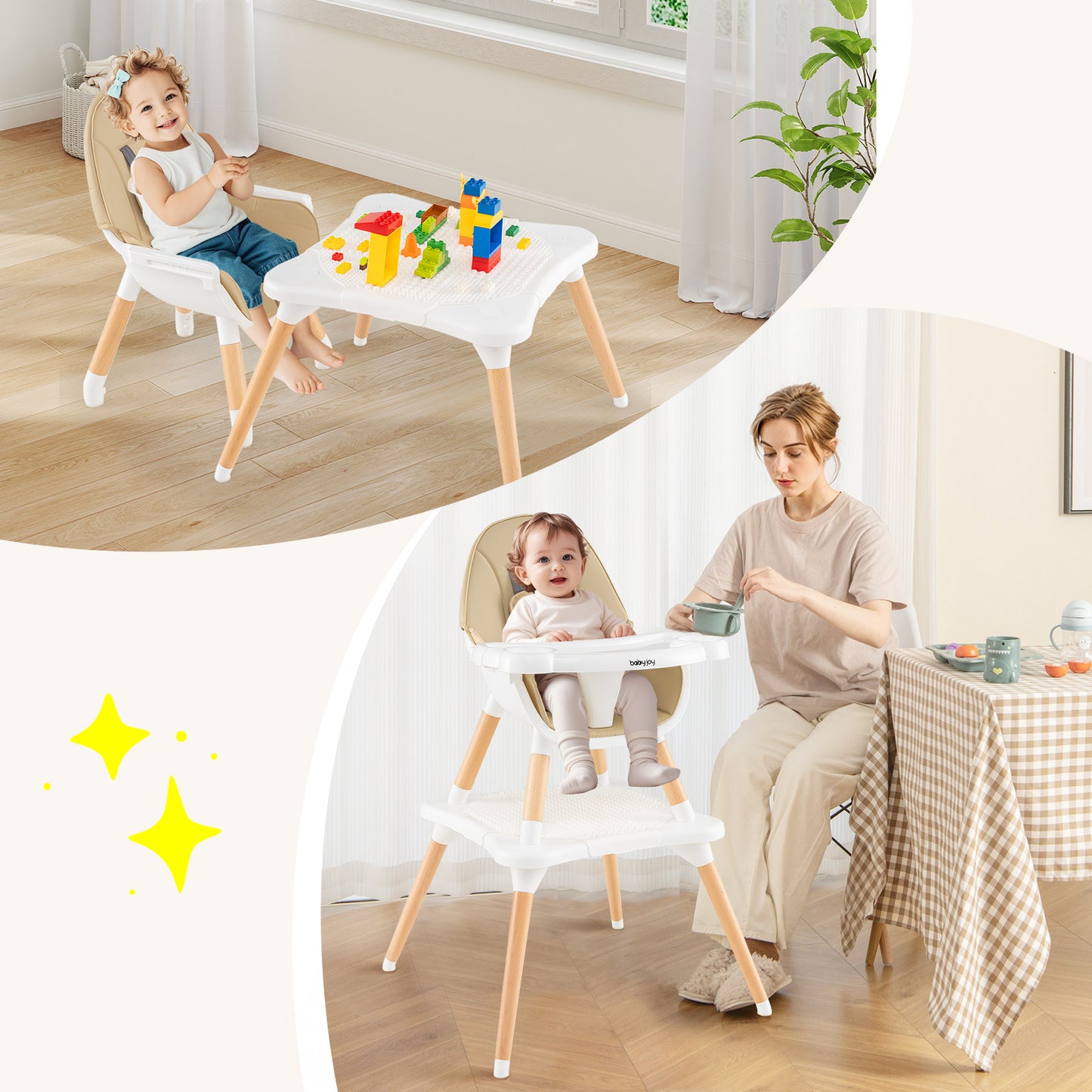 5-in-1 Baby Wooden Convertible High Chair-Khaki