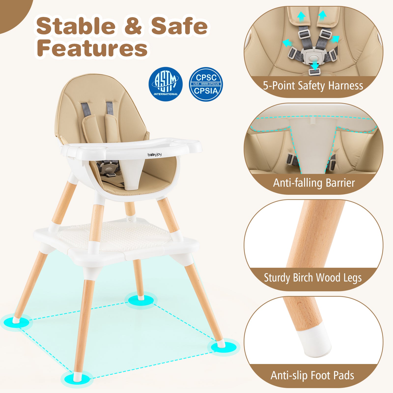 5-in-1 Baby Wooden Convertible High Chair-Khaki
