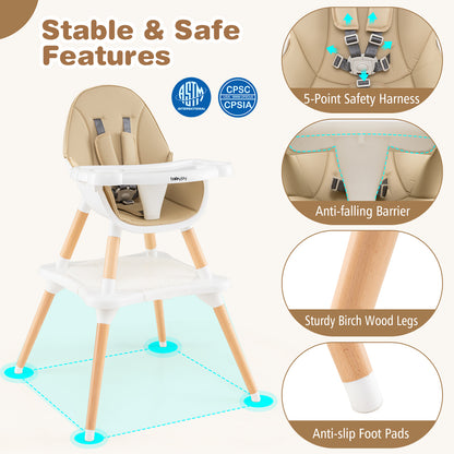5-in-1 Baby Wooden Convertible High Chair-Khaki