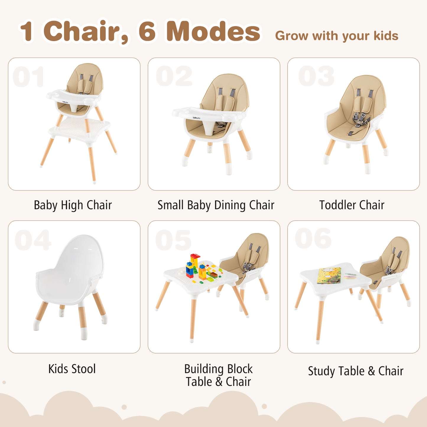 5-in-1 Baby Wooden Convertible High Chair-Khaki