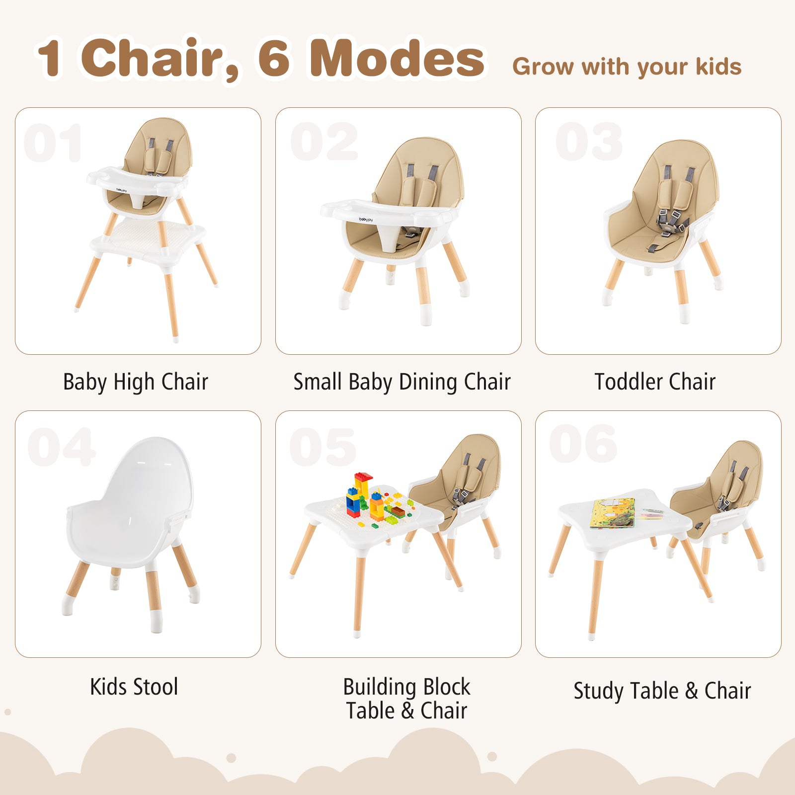 5-in-1 Baby Wooden Convertible High Chair-Khaki