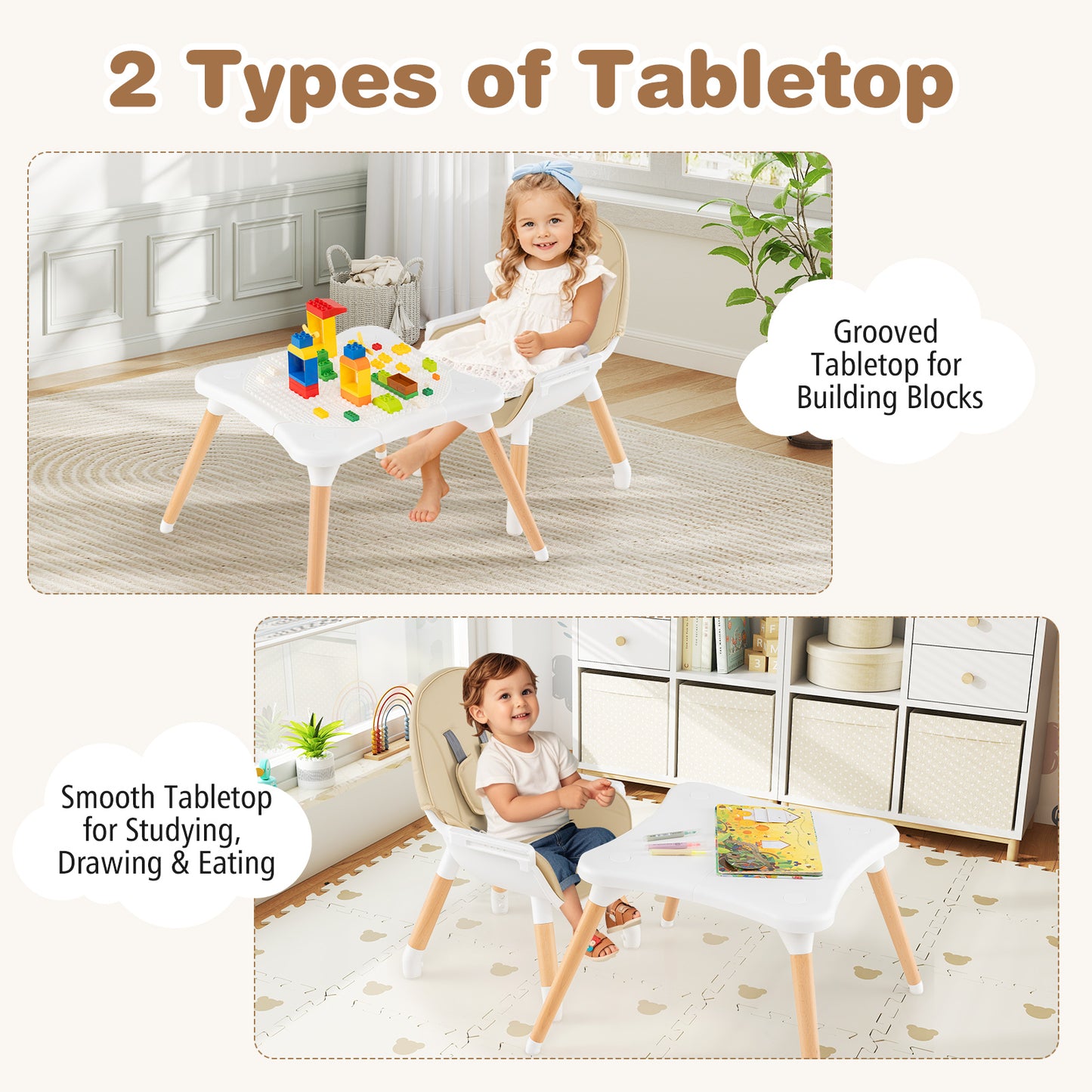 5-in-1 Baby Wooden Convertible High Chair-Khaki