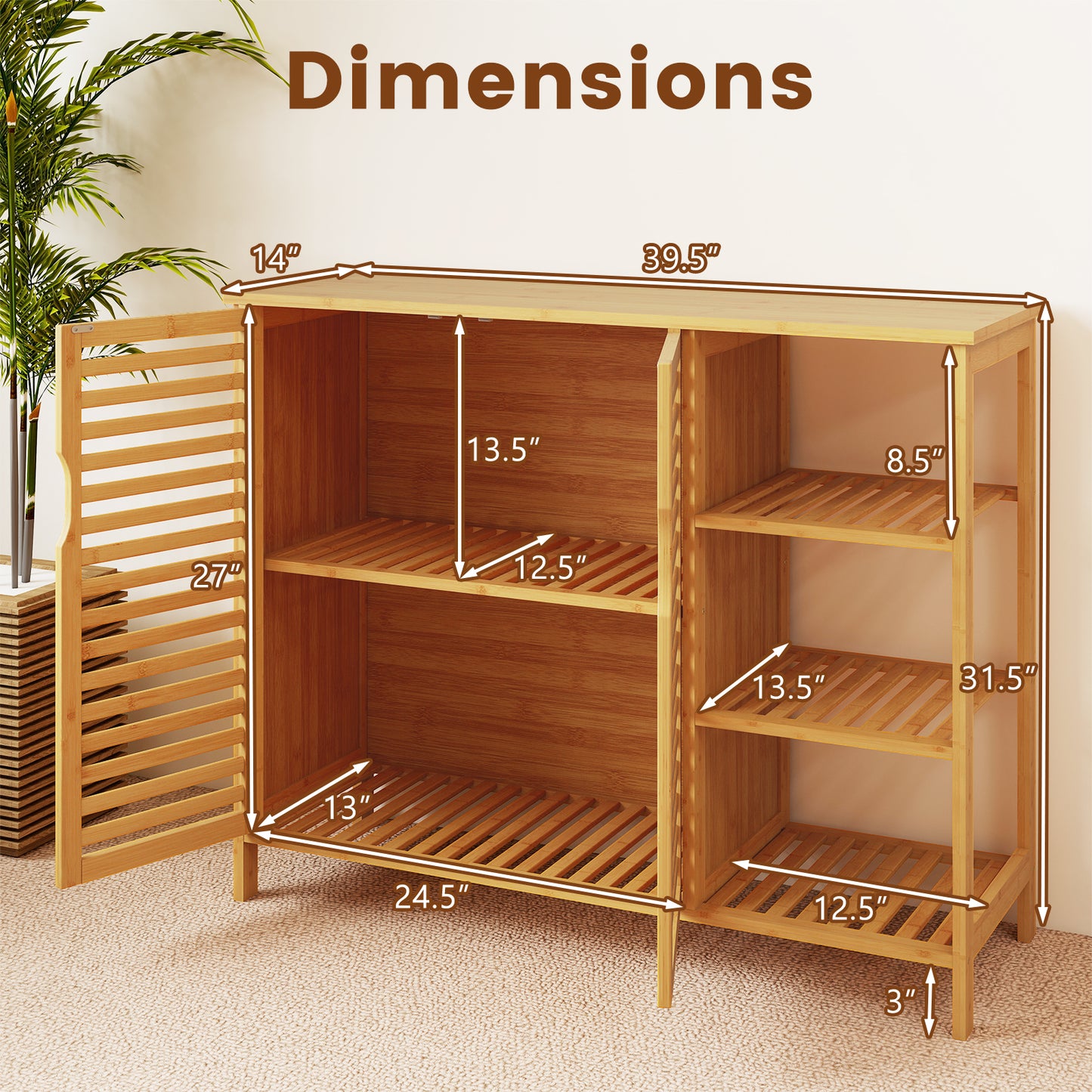 Bamboo Bathroom Cabinet 2-Door Storage Organizer with Shelves-Natural