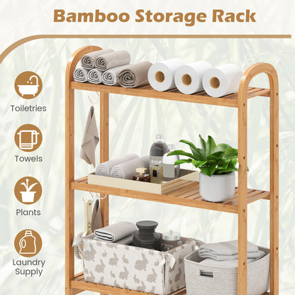 3-Tier Bamboo Bathroom Floor Organizer with 5-Position Shelves and 3 Hooks-Natural