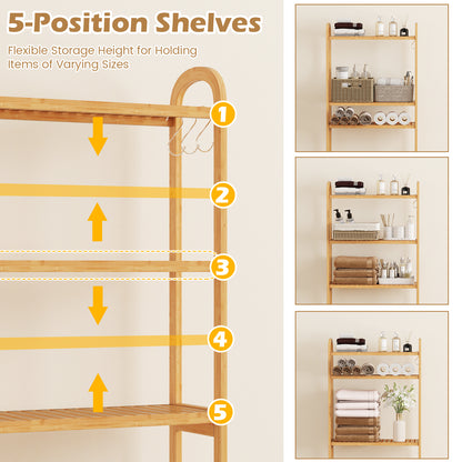 3-Tier Bamboo Bathroom Floor Organizer with 5-Position Shelves and 3 Hooks-Natural