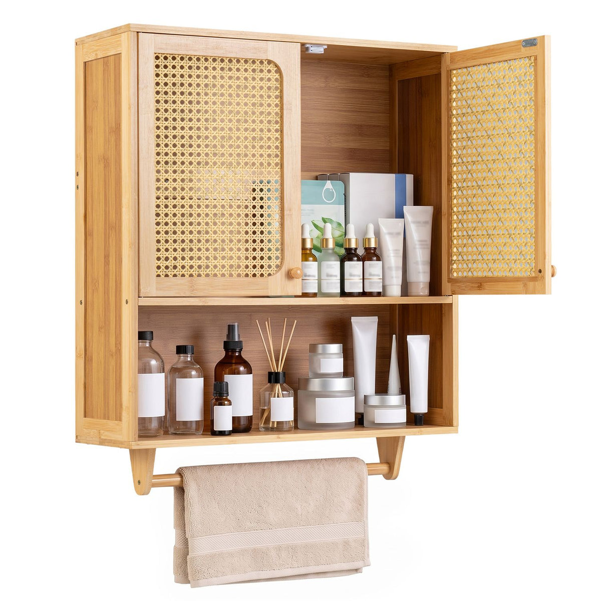 Bamboo Bathroom Wall Cabinet with Towel Rack and Ventilated Doors-Natrual