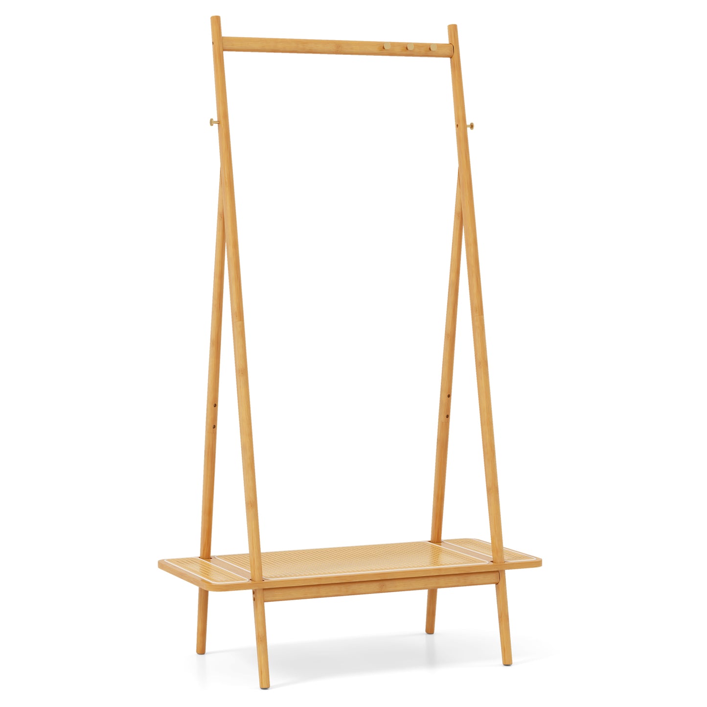 Bamboo Clothes Rack with Hanging Rod Rattan Shelf and Copper Hooks-Brown - Natural