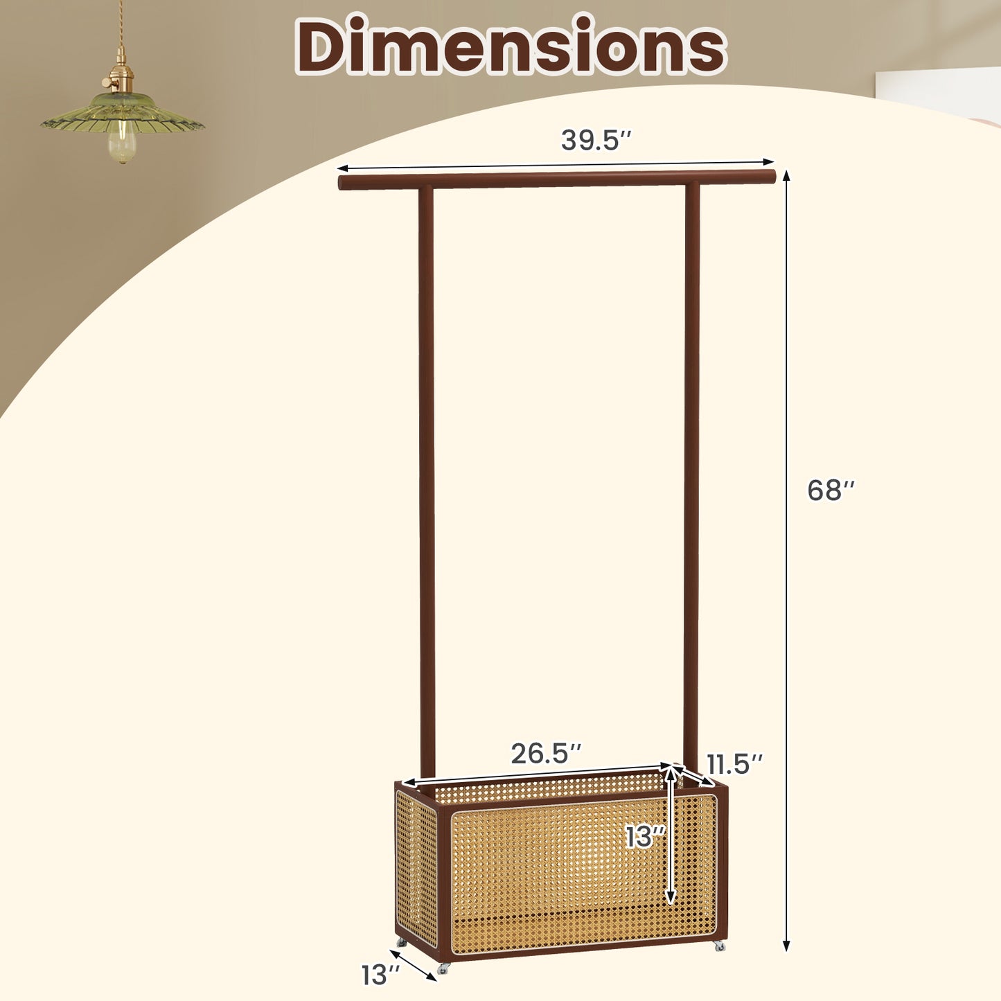 Bamboo Clothes Rack with Rattan Storage Basket and Wheels-Brown