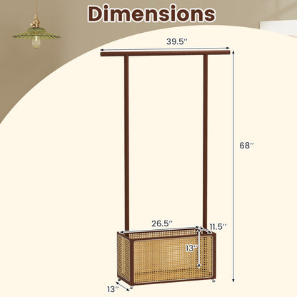Bamboo Clothes Rack with Rattan Storage Basket and Wheels-Brown