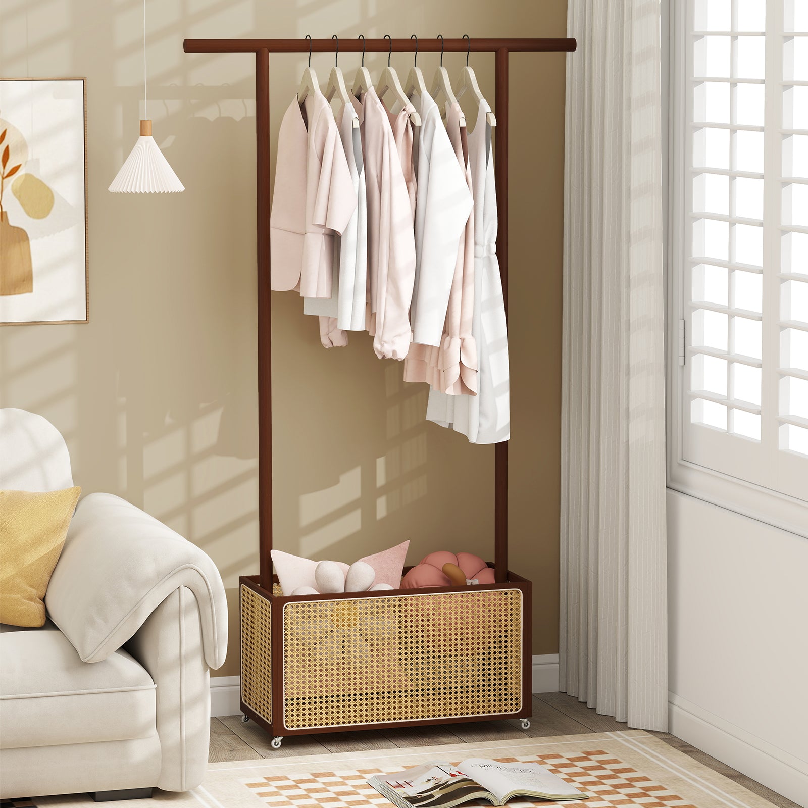Bamboo Clothes Rack with Rattan Storage Basket and Wheels-Brown