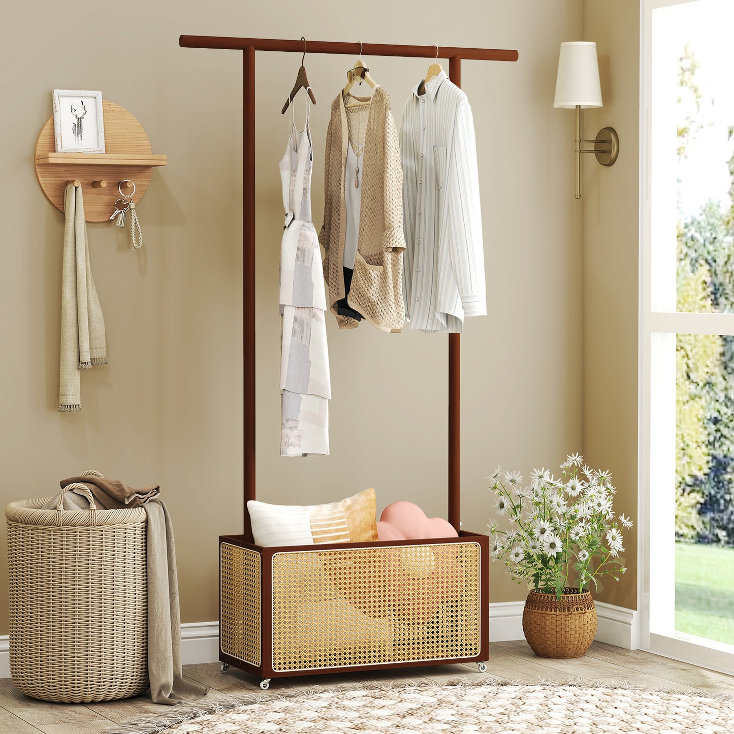 Bamboo Clothes Rack with Rattan Storage Basket and Wheels-Brown