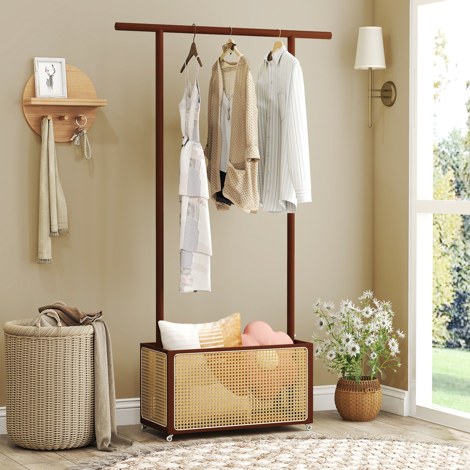 Bamboo Clothes Rack with Rattan Storage Basket and Wheels-Brown