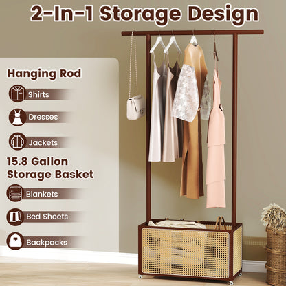 Bamboo Clothes Rack with Rattan Storage Basket and Wheels-Brown