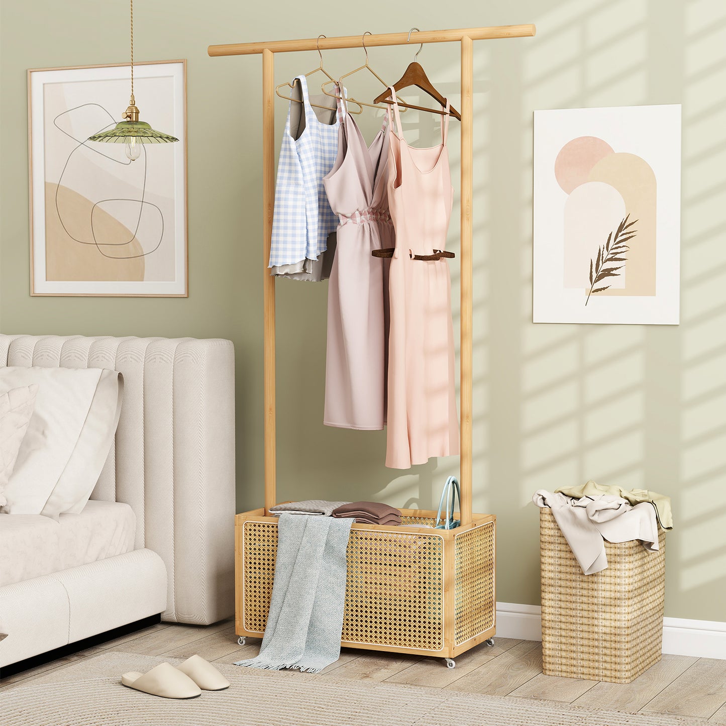 Bamboo Clothes Rack with Rattan Storage Basket and Wheels-Natural