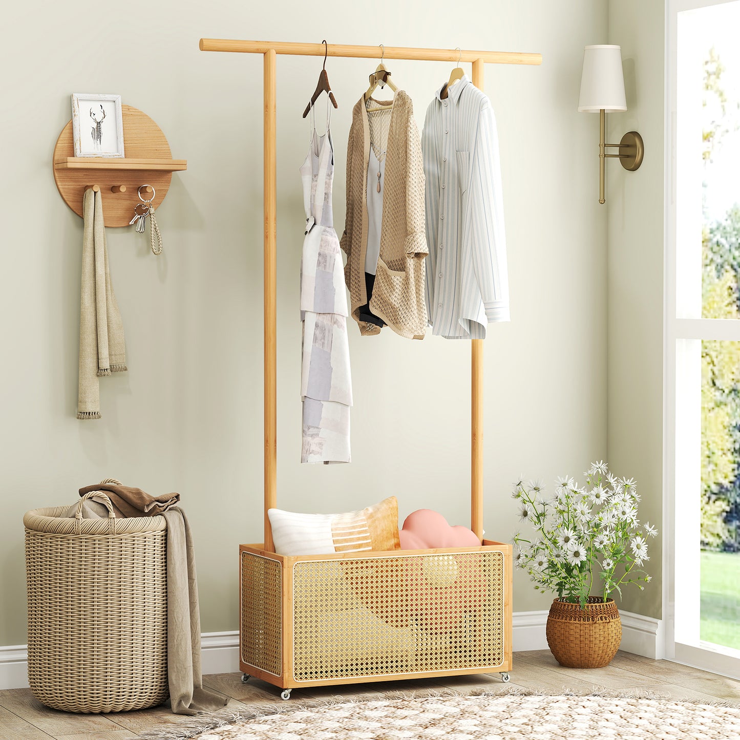 Bamboo Clothes Rack with Rattan Storage Basket and Wheels-Natural