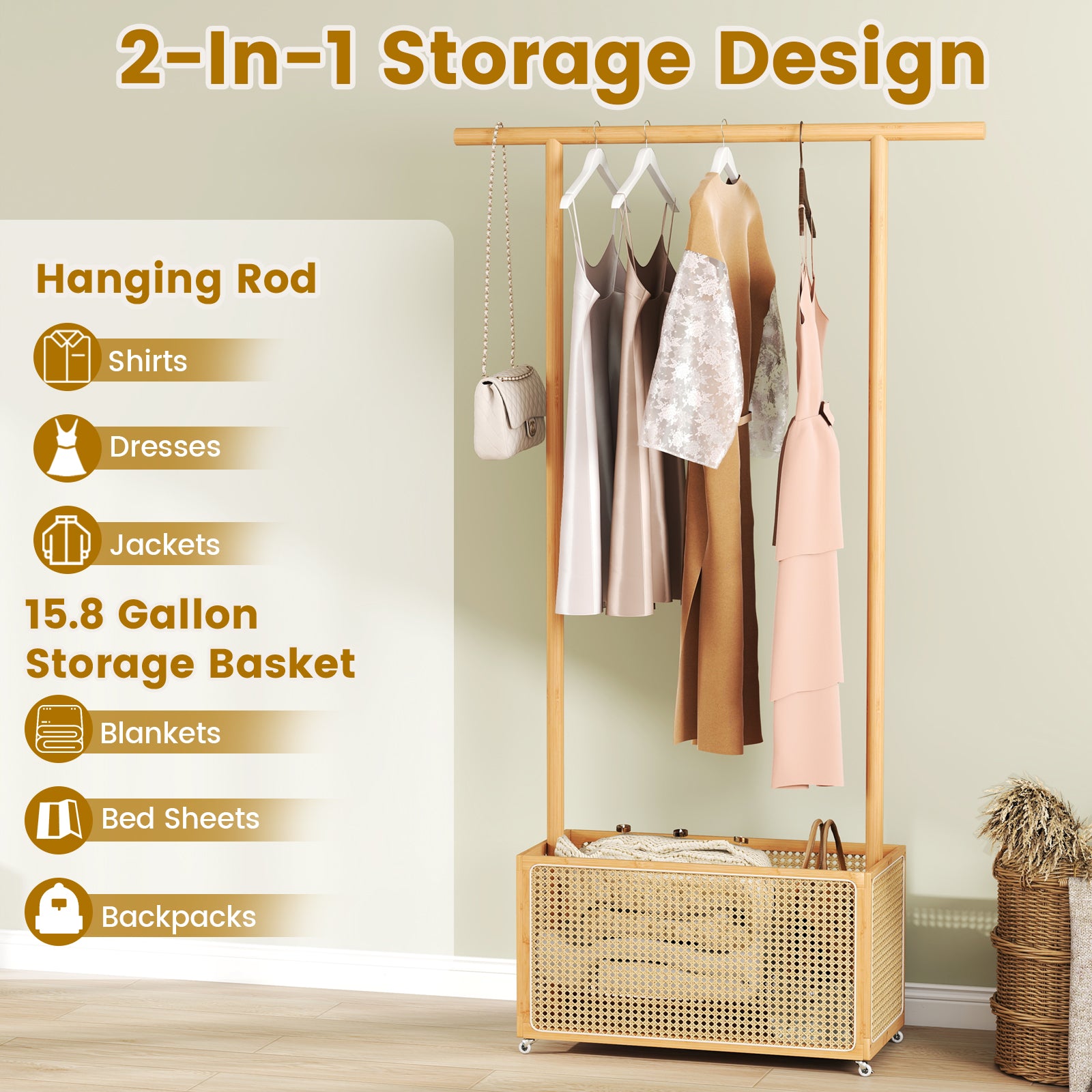 Bamboo Clothes Rack with Rattan Storage Basket and Wheels-Natural