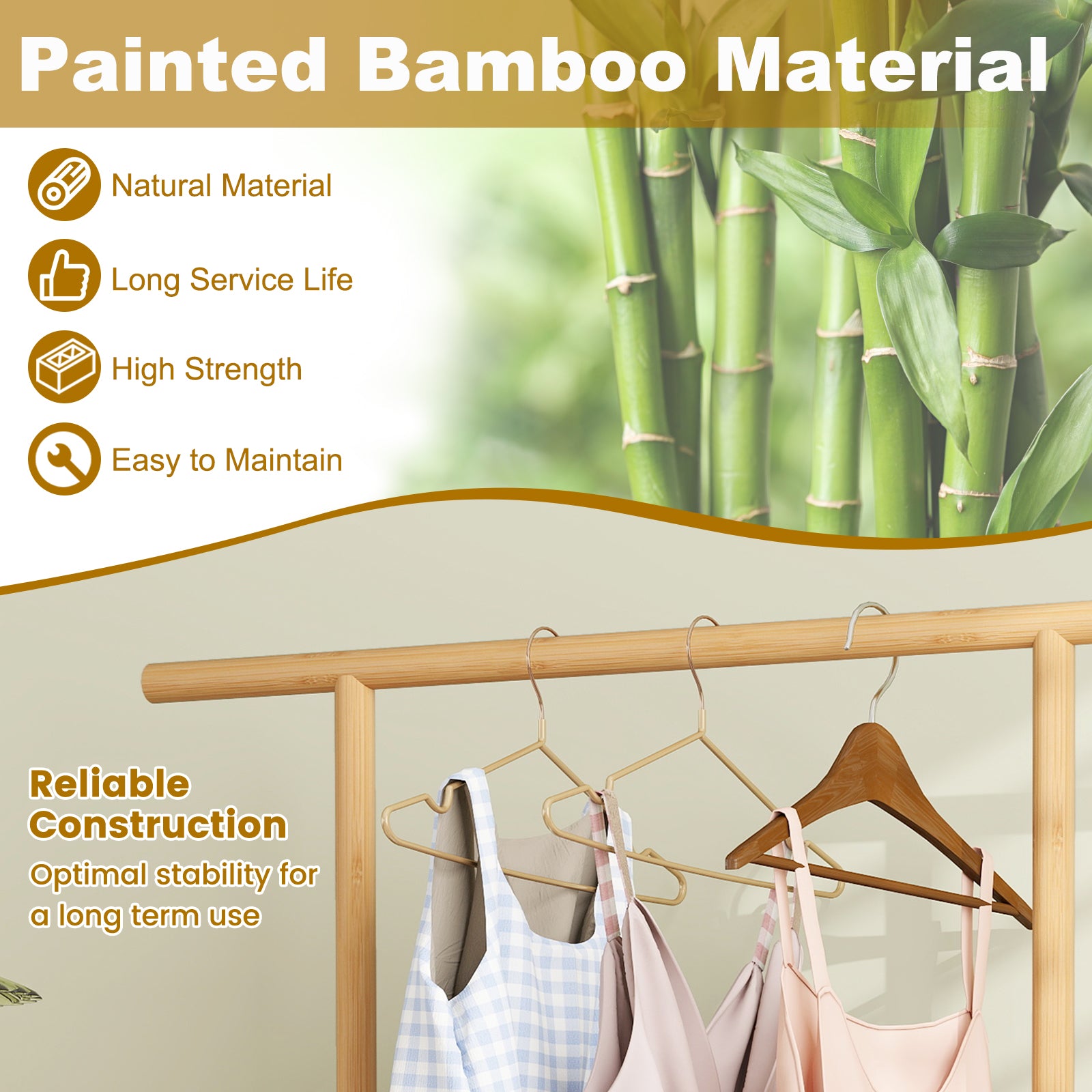 Bamboo Clothes Rack with Rattan Storage Basket and Wheels-Natural