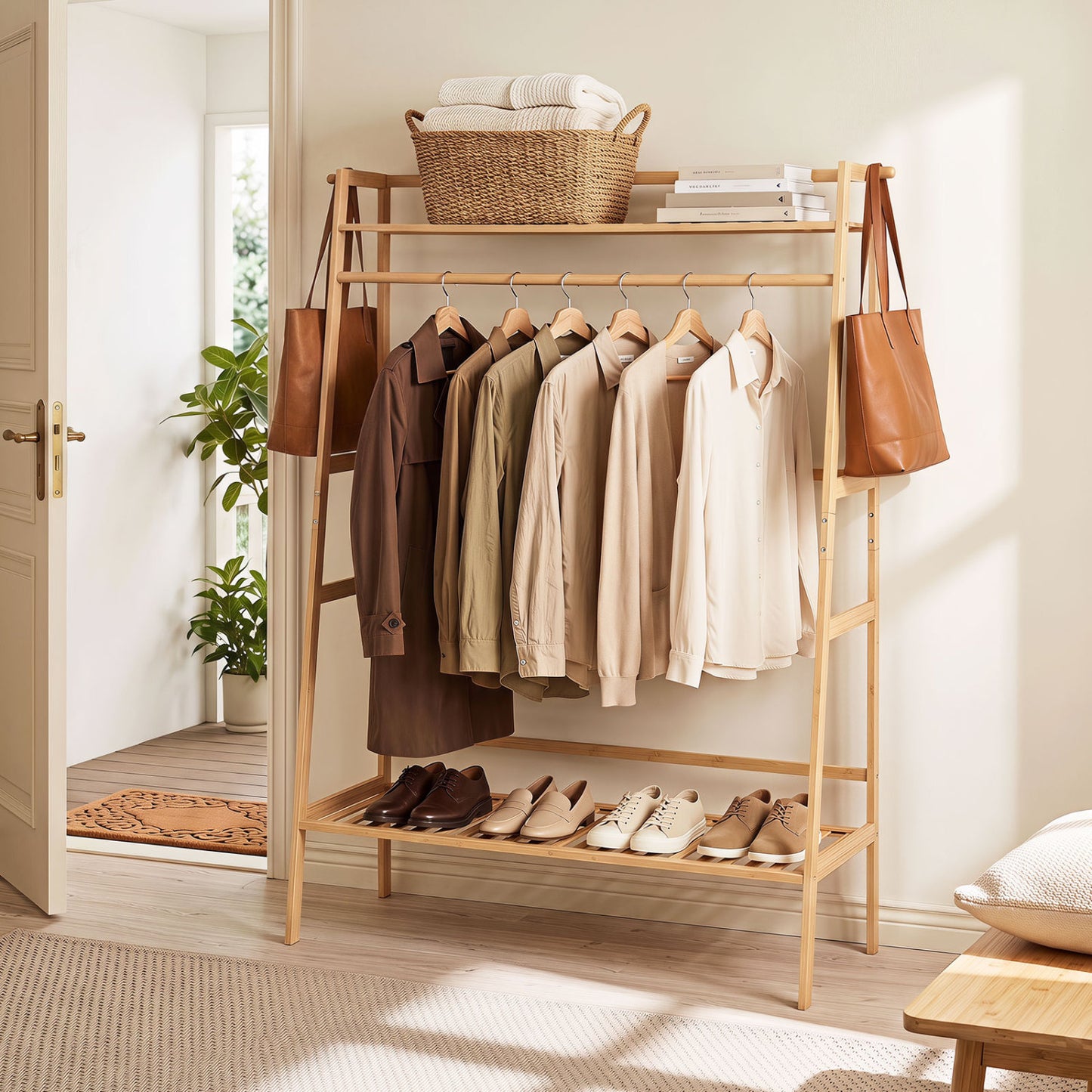 Bamboo Garment Rack with Shelves and Hanging Rod