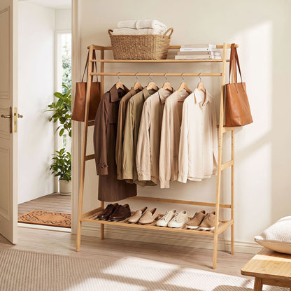 Bamboo Garment Rack with Shelves and Hanging Rod