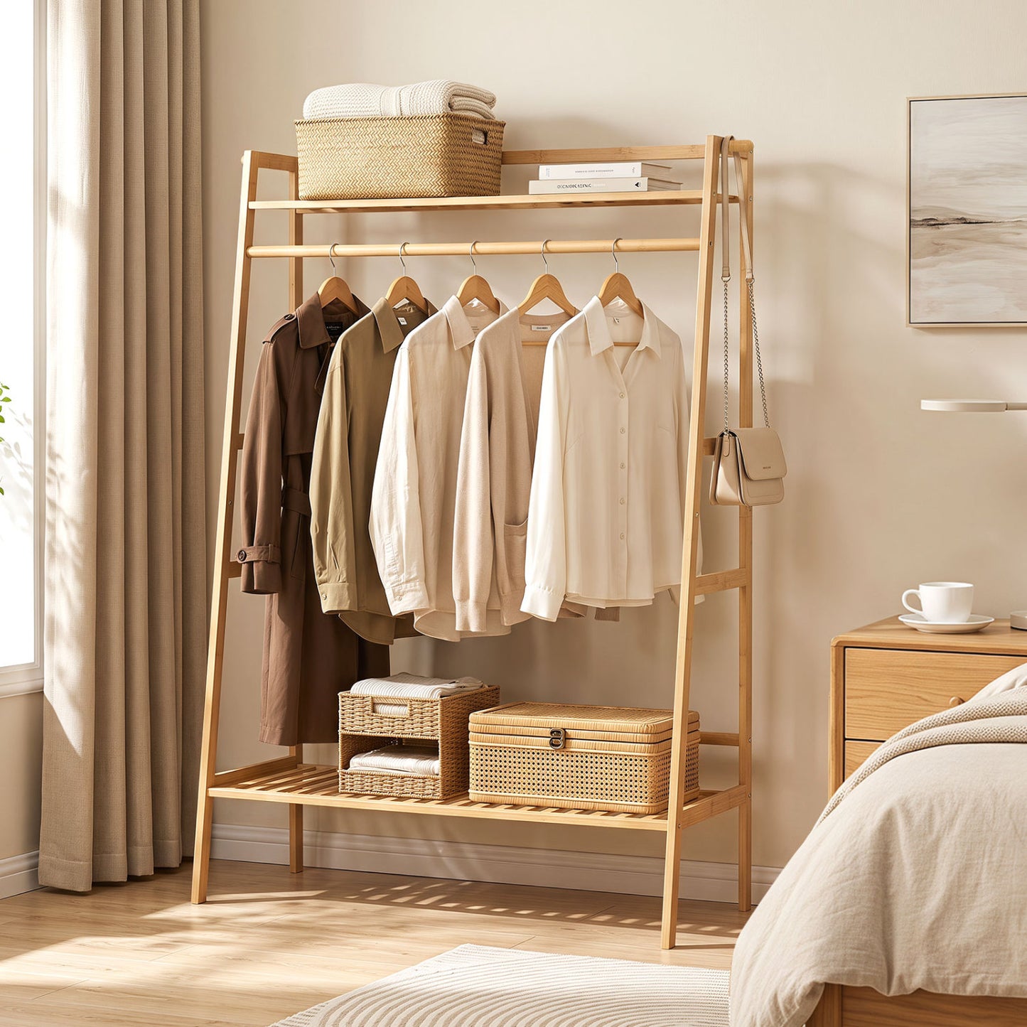 Bamboo Garment Rack with Shelves and Hanging Rod