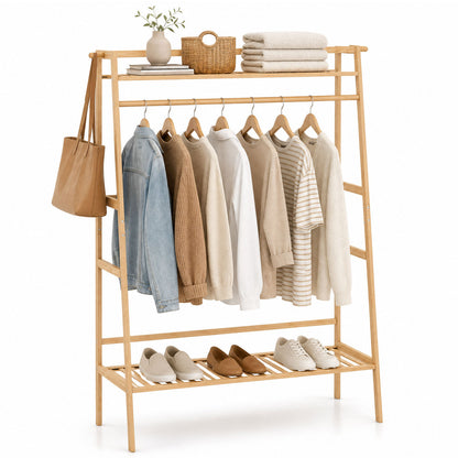 Bamboo Garment Rack with Shelves and Hanging Rod