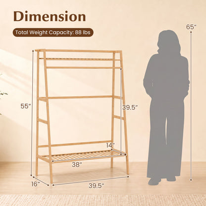 Bamboo Garment Rack with Shelves and Hanging Rod