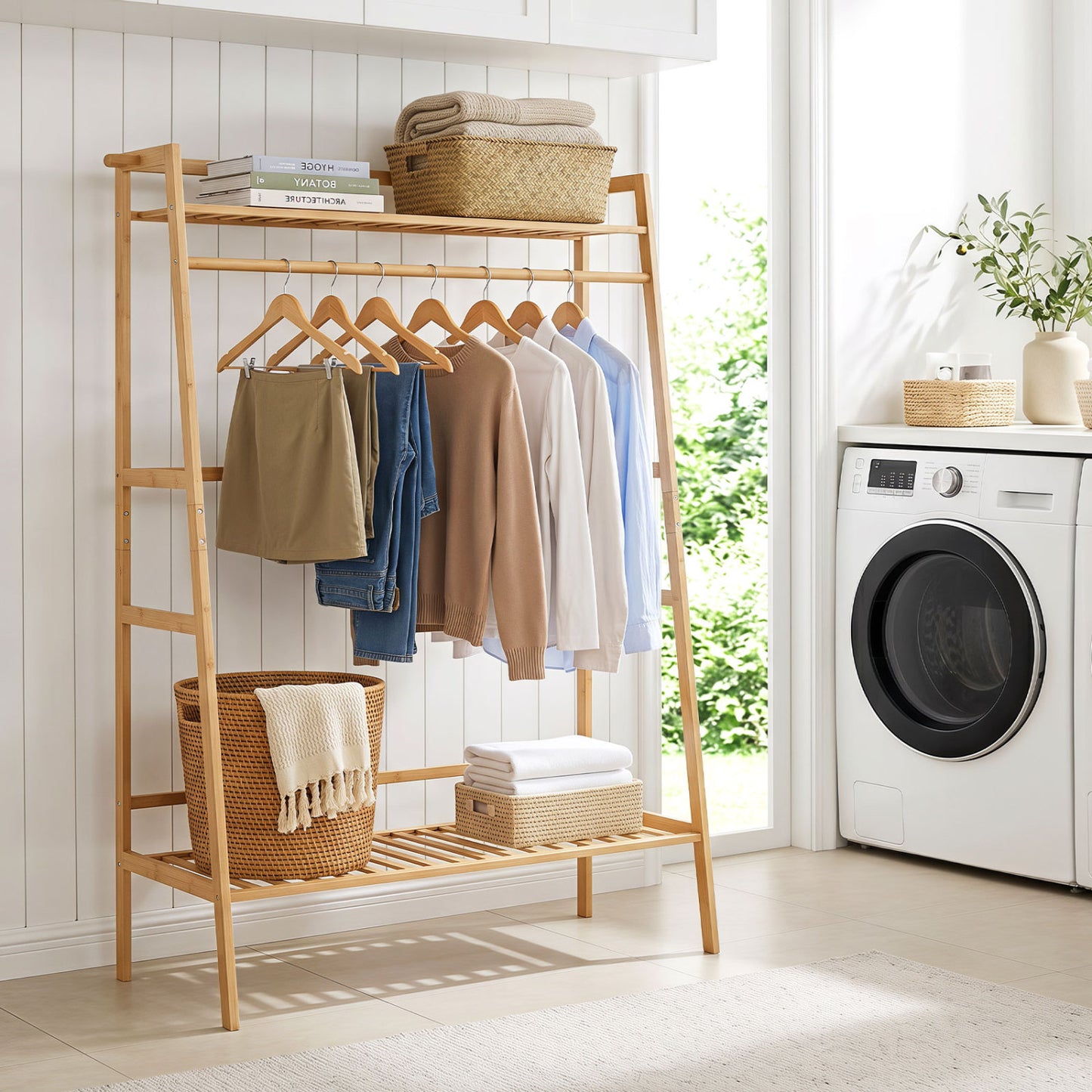 Bamboo Garment Rack with Shelves and Hanging Rod