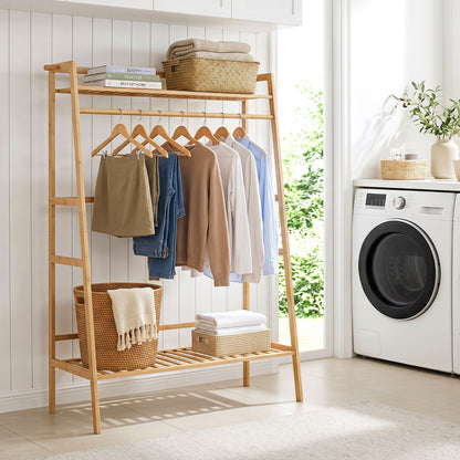 Bamboo Garment Rack with Shelves and Hanging Rod