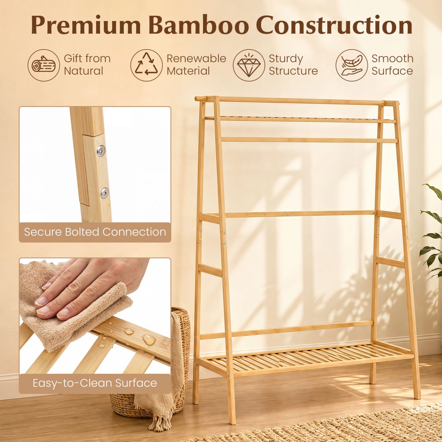 Bamboo Garment Rack with Shelves and Hanging Rod