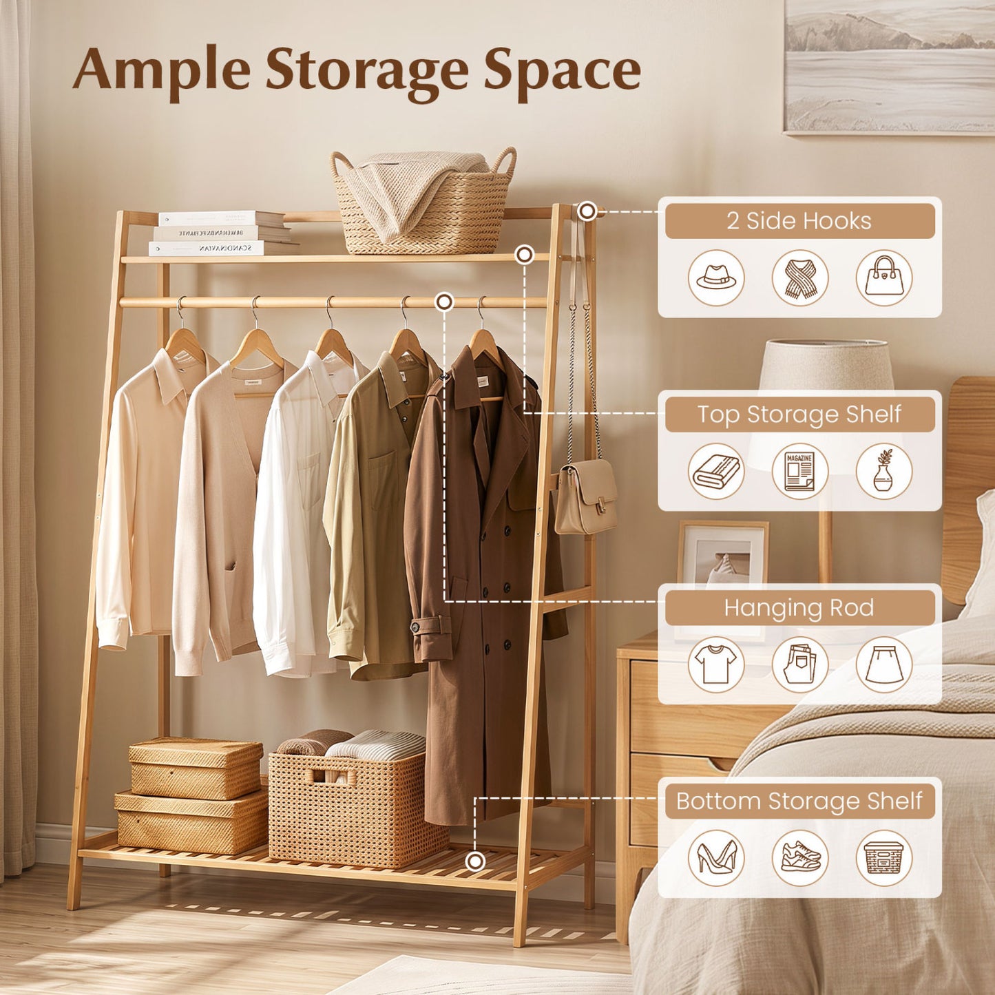 Bamboo Garment Rack with Shelves and Hanging Rod