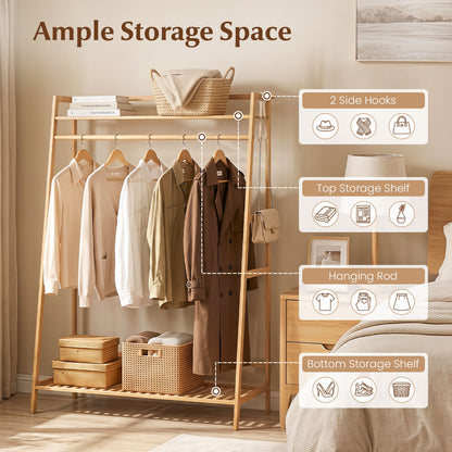 Bamboo Garment Rack with Shelves and Hanging Rod