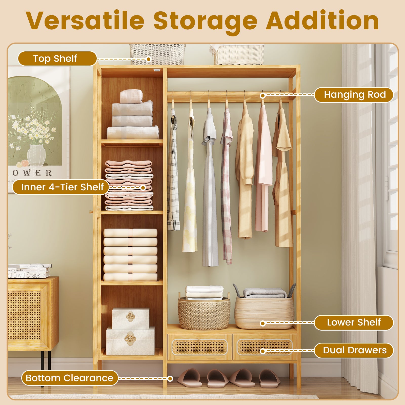 Bamboo Clothing Rack with Cabinet and Drawers and Hanging Rod-Natural