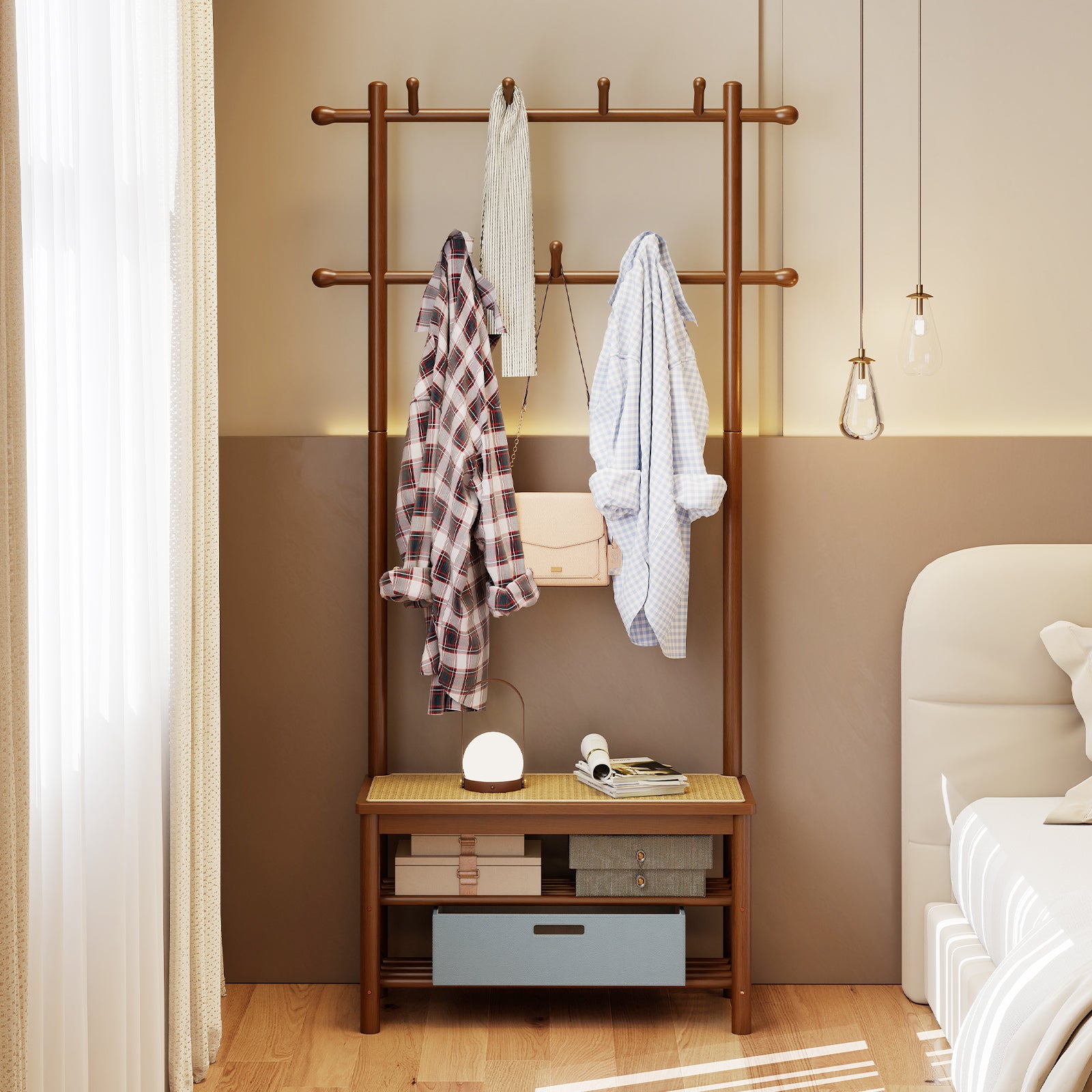 Bamboo Coat Rack PE Rattan Hall Tree with Bench and Shoe Storage 3-In-1 Entryway Bench-Brown