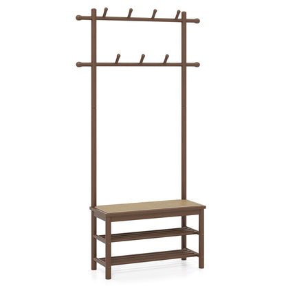 Bamboo Coat Rack PE Rattan Hall Tree with Bench and Shoe Storage 3-In-1 Entryway Bench-Brown