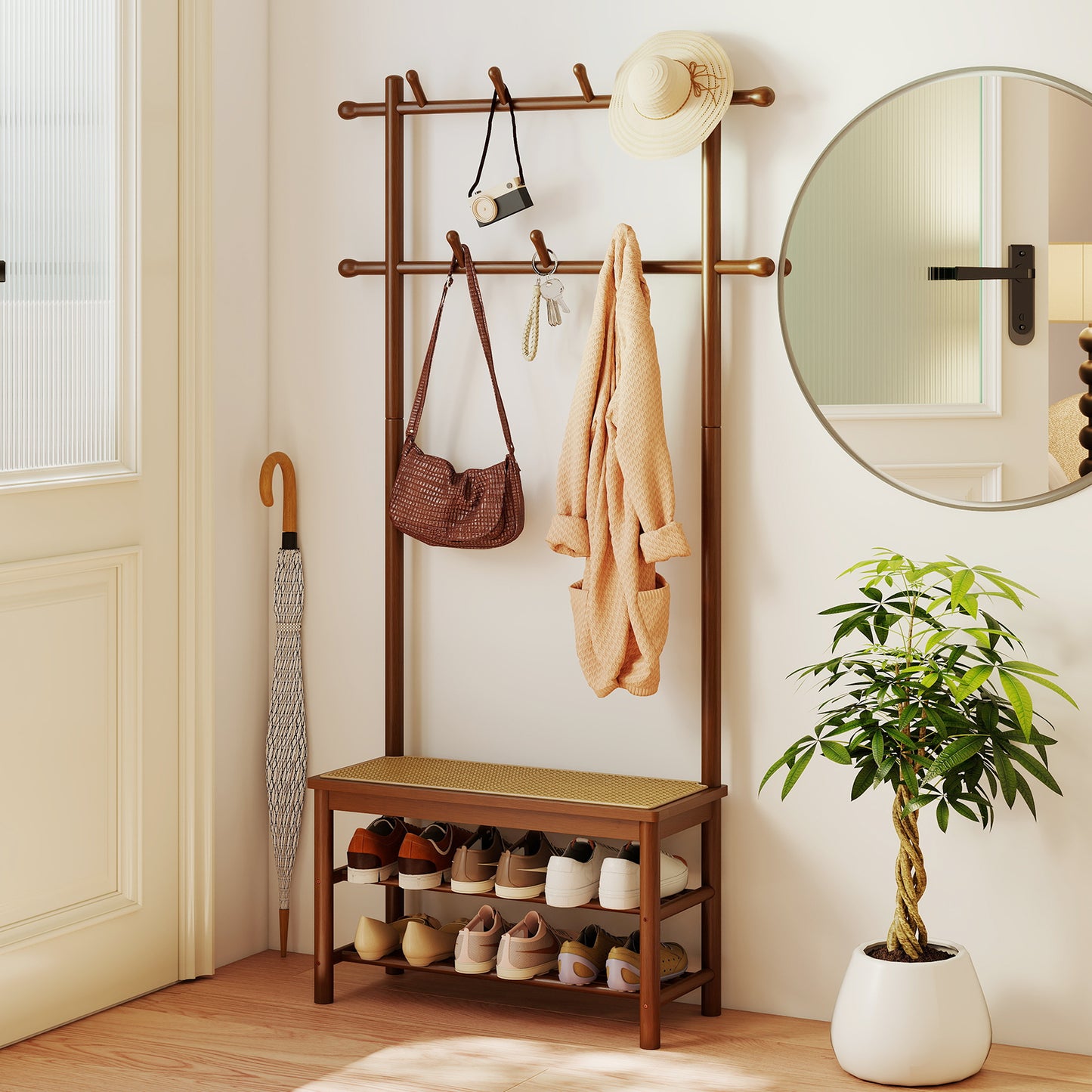 Bamboo Coat Rack PE Rattan Hall Tree with Bench and Shoe Storage 3-In-1 Entryway Bench-Brown