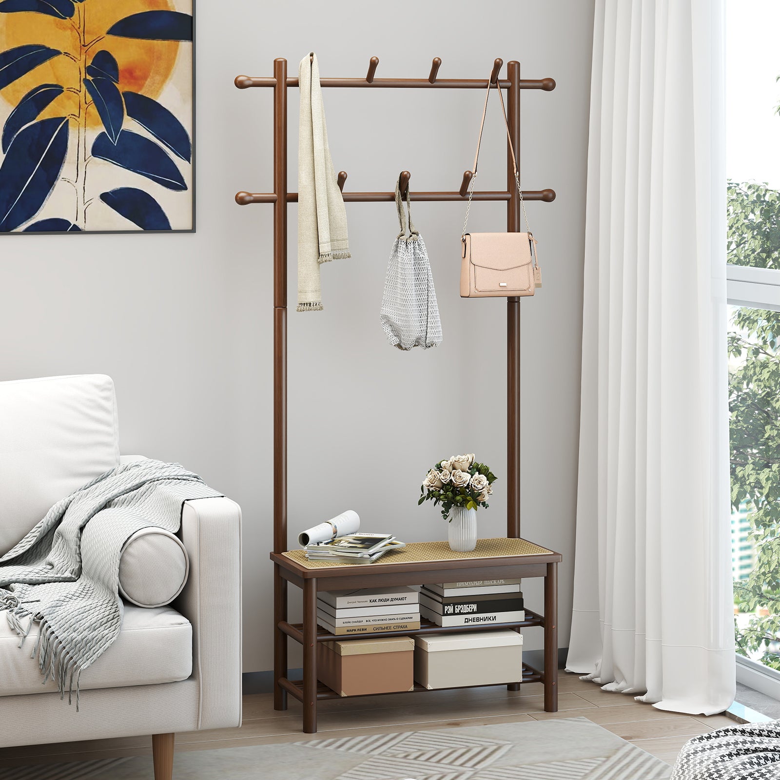 Bamboo Coat Rack PE Rattan Hall Tree with Bench and Shoe Storage 3-In-1 Entryway Bench-Brown