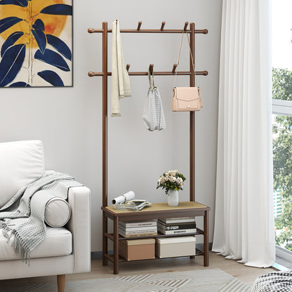 Bamboo Coat Rack PE Rattan Hall Tree with Bench and Shoe Storage 3-In-1 Entryway Bench-Brown